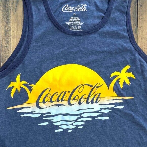Coca Cola Navy Blue Yellow Gold Sun Palm Trees Tropical Tank Top‎ Men's Size S - Picture 3 of 6